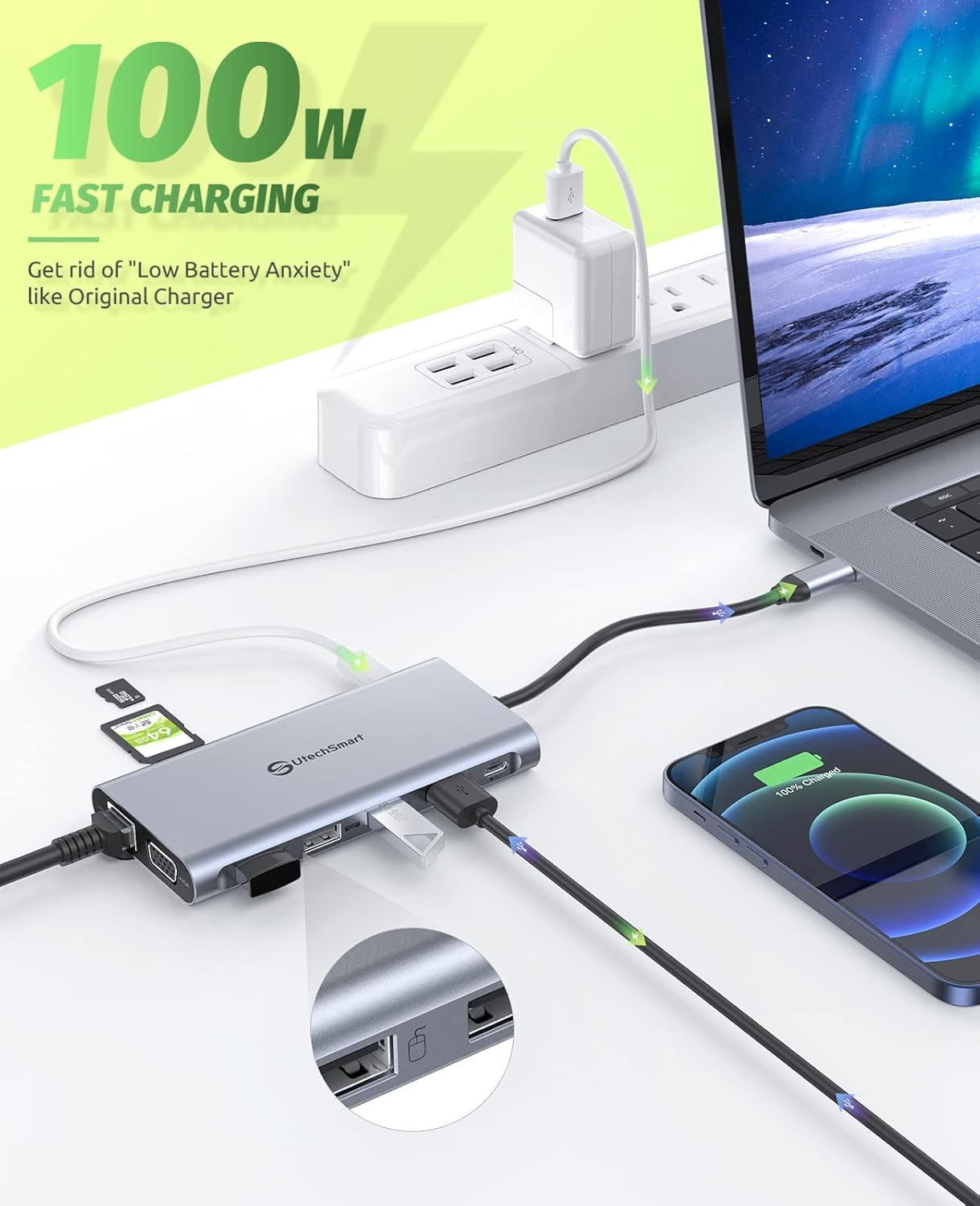 Docking Station, UtechSmart 12 in 1 Full Quadruple Display USB C Docking Station, USB C Hub Compatible for macOS&Windows,Thunderbolt 3 Dock(HDMI,VGA,PD3.0,USB-C,Ethernet,SD/TF Card Reader,USB Ports)