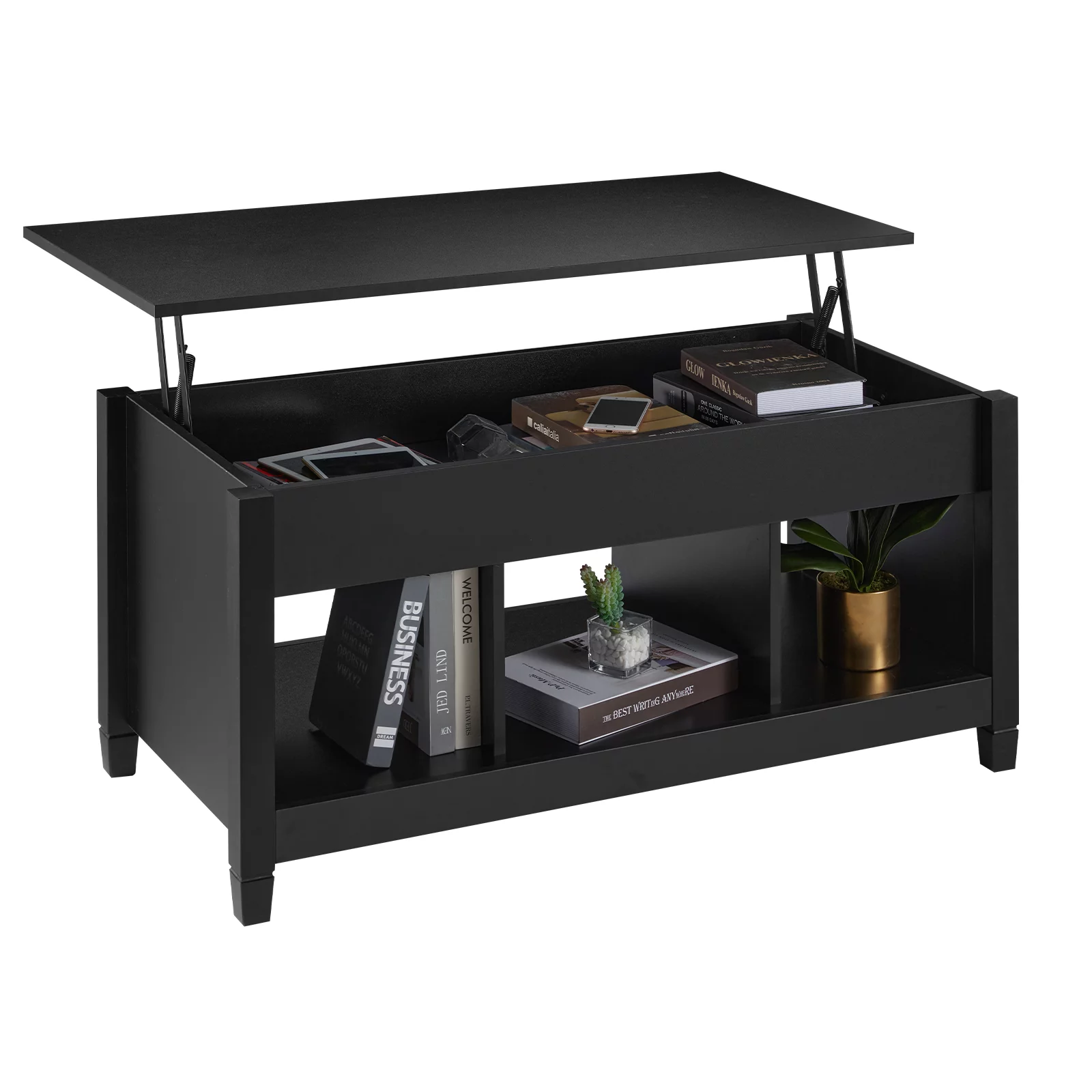 Lift Top Coffee Table, 41" X 19.5" Rising Dining Table w/4” Depth Hidden Storage Compartment & 3 Open Shelves, Coffee Table Lift Top for Reception & Living Room, Office, Small Apartment