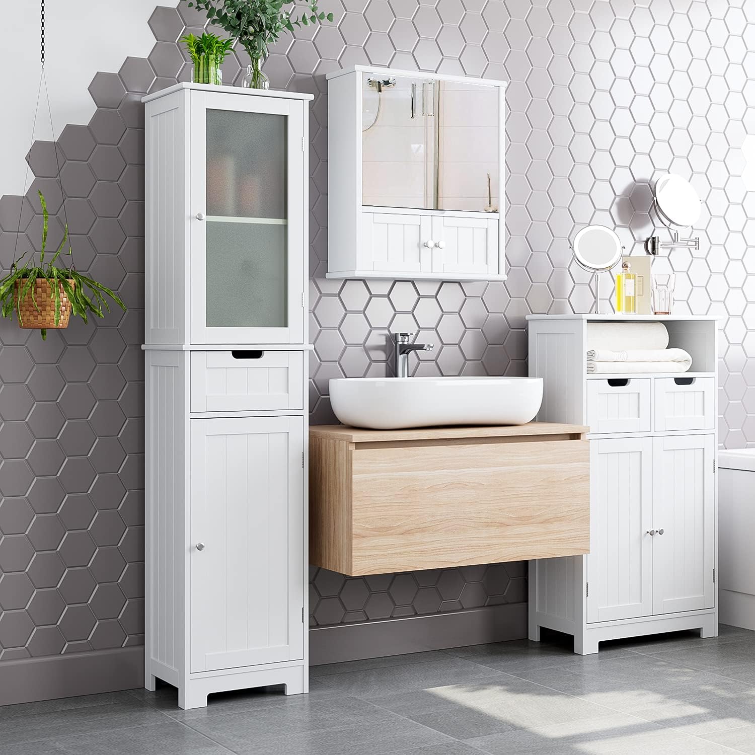 Bathroom Storage Cabinet, Tall Freestanding Cabinet with Door and Drawer, Narrow Slim Tower Cabinet with Adjustable Shelves for Home Office, White