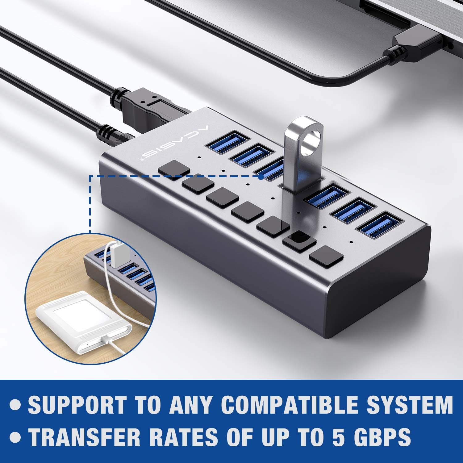 Powered USB Hub - ACASIS 10 Ports 48W USB 3.0 Data Hub - with Individual On/Off Switches and 12V/4A Power Adapter USB Hub 3.0 Splitter for Laptop, PC, Computer, Mobile HDD, Flash Drive and More