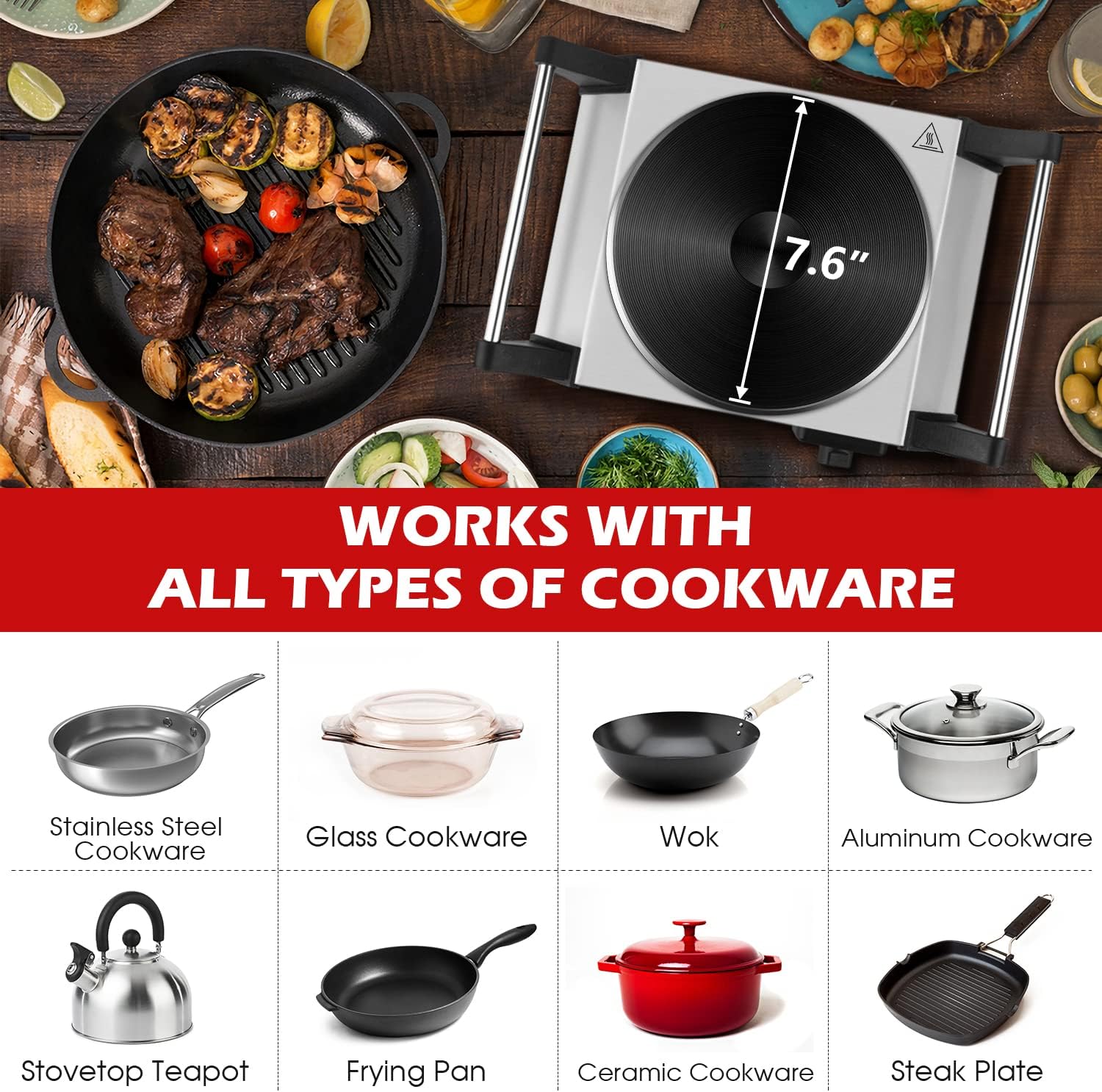 Hot Plate, Techwood Portable Electric Stove for cooking, 1200W Countertop Infrared Single Burner with Handles & 7.5&rdquo; Glass Cooktop for RV/Home/Camp, Compatible for All Cookwares Upgraded Version