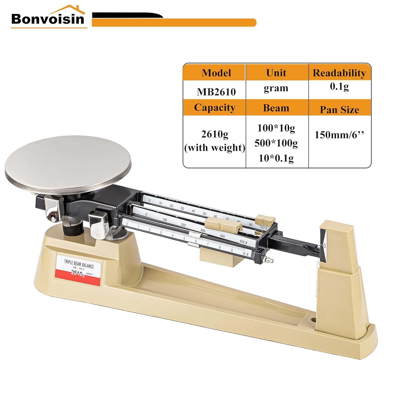 Triple Beam Scale Bonvoisin Lab Mechanical Balance 2610g/0.1g with Stainless Steel Weighing Platter (Triple Beam Scale)