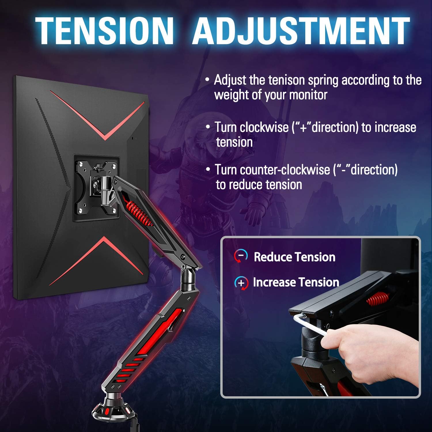 MOUNT PRO Single Gaming Monitor Stand - Mechanical Spring Monitor Mount, Adjustable Gaming Monitor Arm with C Clamp and Grommet Mounting Base - Fits for Computer Screen up to 32”, VESA 75x75, 100x100