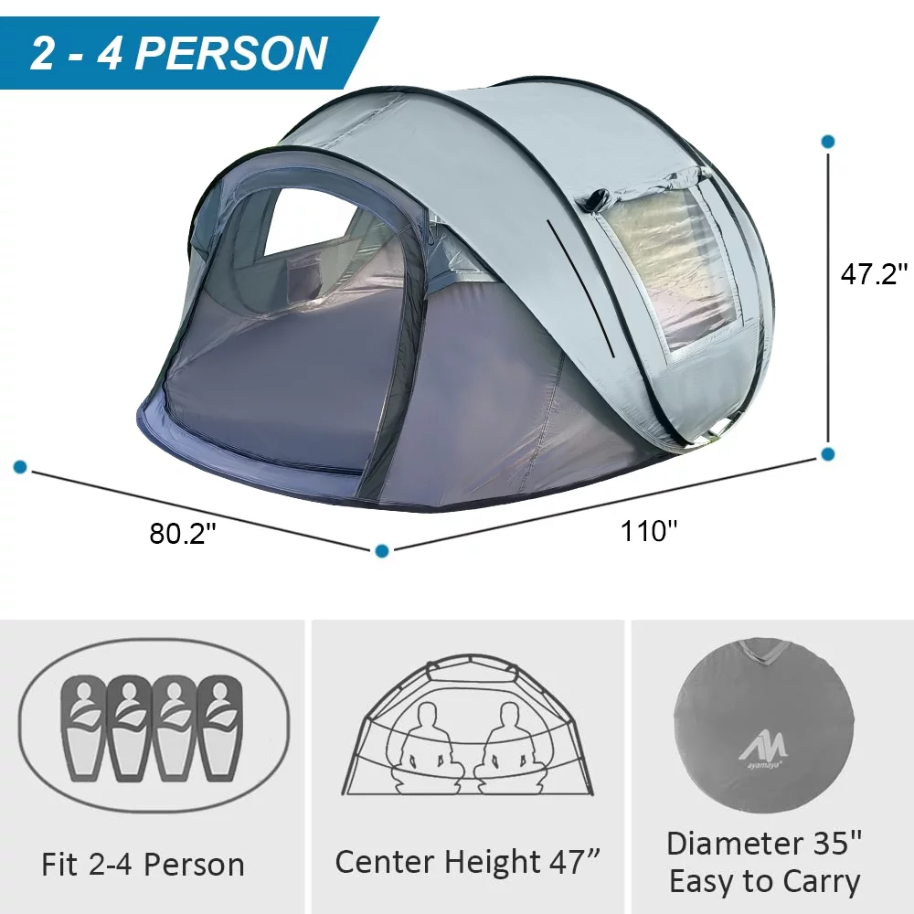 Fiuion Pop Up Tents for Camping  4 Person Tent Waterproof  Camping Tents with Vestibule, Automatic Setup Instant Tent, 2 Doors & Windows, Folding Outdoor Backpacking Tents 2/3/4 People Family Hiking