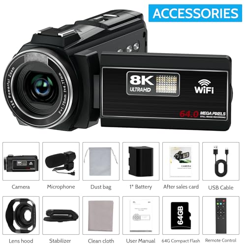 8K Video Camera Camcorder, 64MP IR Night Vision Vlogging Camera,18X Zoom 3.0“ Screen WiFi Camcorder for YouTube with with Microphone, Lens Hood, Stablizer, 64GB SD Card, One 4500mAh Battery