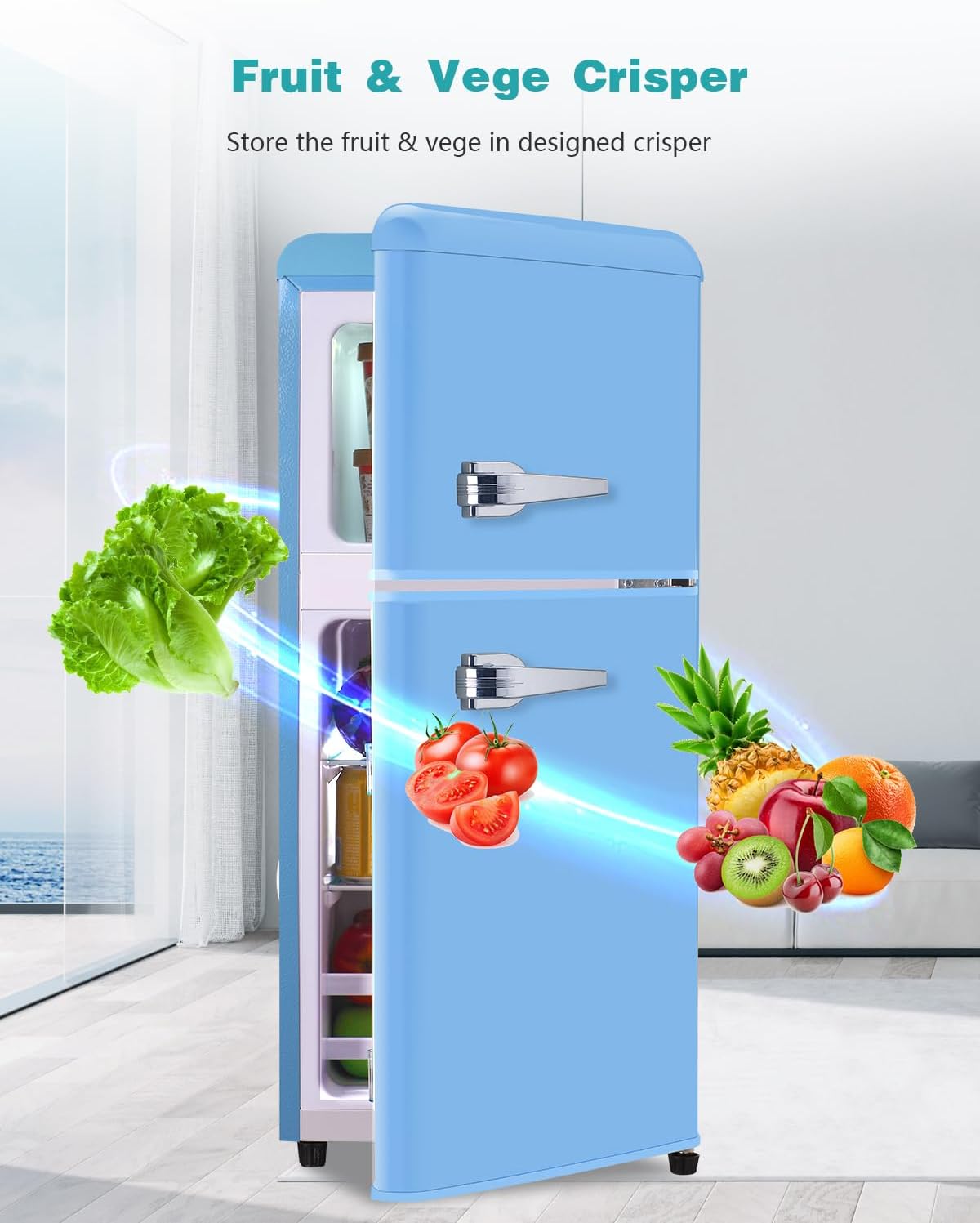 FLS-80-Blue 3.5Cu.Ft Compact Refrigerator, Small Refrigerator with freezer, Retro Fridge with Dual Door, 7 Level Adjustable Thermostat for Garage, Dorm,Bedroom, Office, Apartment