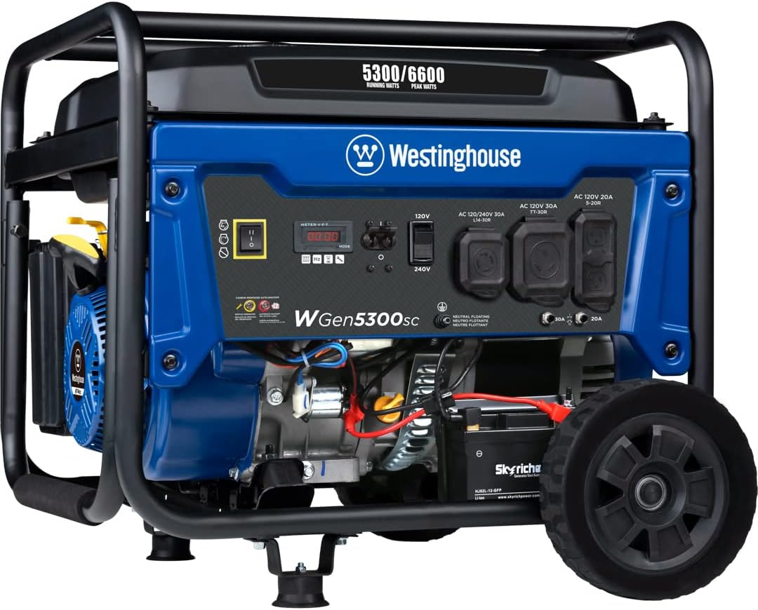 Westinghouse Outdoor Power Equipment WGen7500 Portable Generator with Remote Electric Start 7500 Rated Watts & 9500 Peak Watts, Gas Powered, CARB Compliant, Transfer Switch Ready