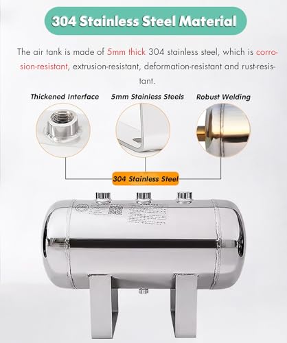 Air Storage Bladder Containers/Compressed Air Tank Kit Mini Large - 1Gal 2Gal 5Gal 8Gal 10Gal 13Gal Horizontal Tanque De Aire para Compresor Stainless Stee with Gauge & Safety Valve