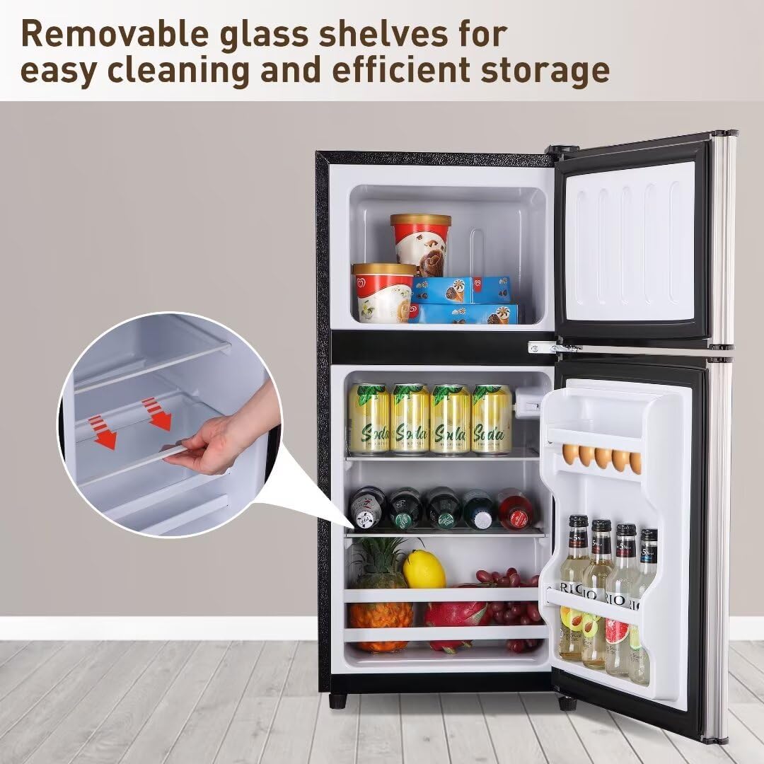 Apartment Size Refrigerator, 4.0 Cu.Ft Double Door Refrigerator with LED Lights and Adjustable Shelves, Suitable for Apartments and Offices, Silver