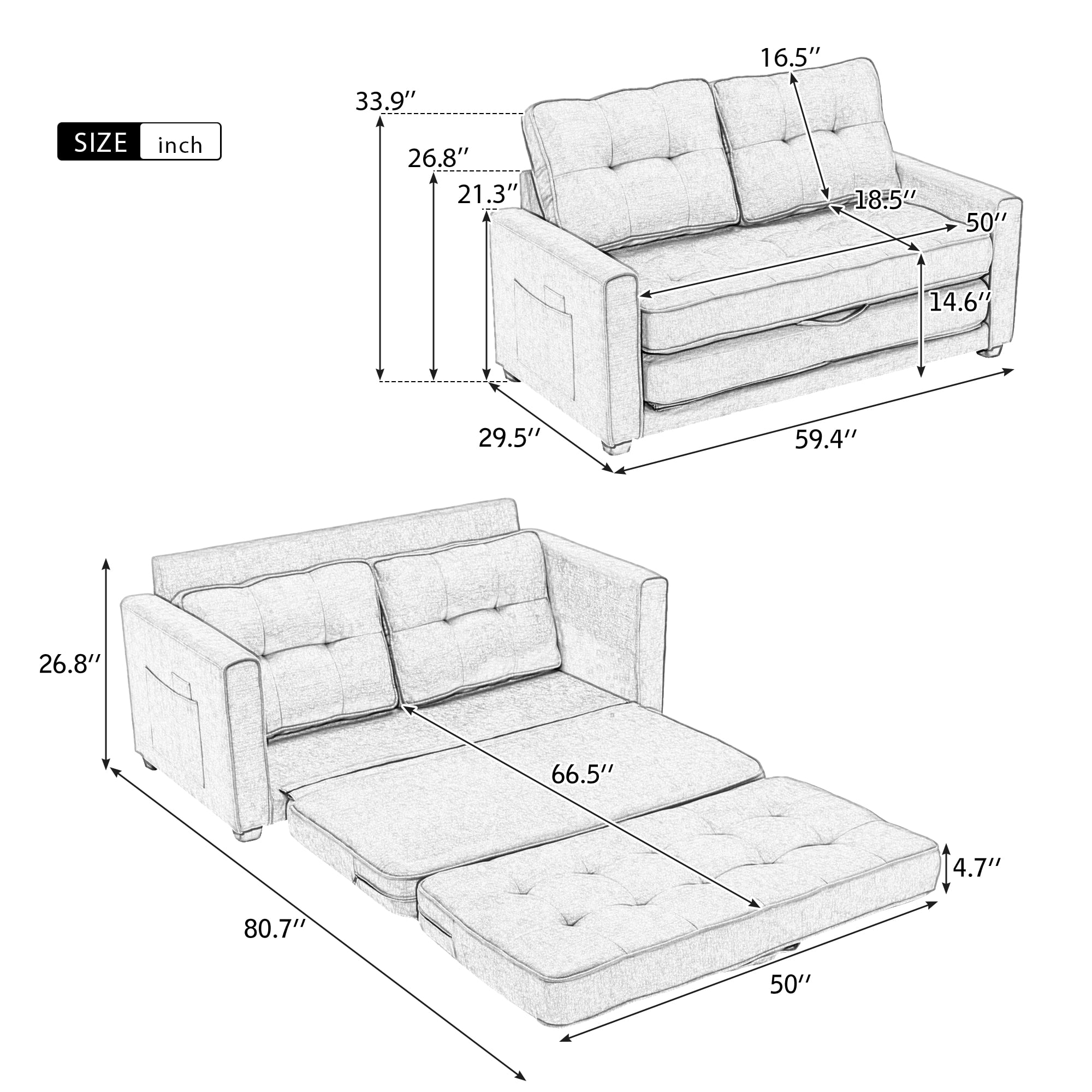 Churanty Convertible Sofa Bed Pull Out Sleeper Loveseat Sofa Chenille Upholstered Couch with Side Pockets for Small Space,Green - Curated Treasures Market