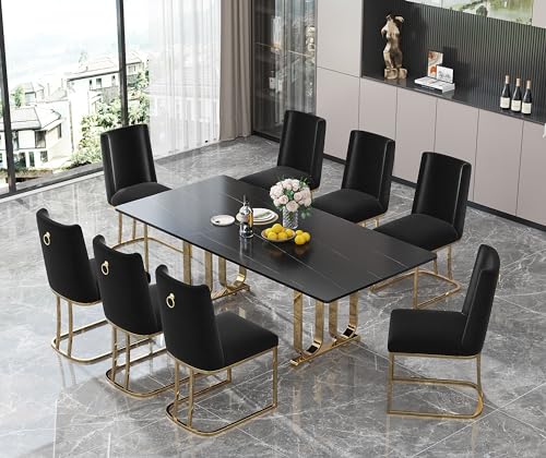 Faux Marble Dining Table for 6 Person, 63" Marble Kitchen Table with Craft Glass Tabletop and Black Legs, Luxury Large Long Dining Room Table for Home Kitchen Office (Table Only)