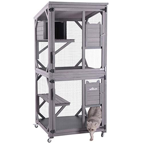 Aivituvin Cat Catio Outdoor Cat house Wooden Large Enclosure with Run on Wheels 70.9" Upgraded Version Catio with Reinforcement Strip,Waterproof Roof (grey)