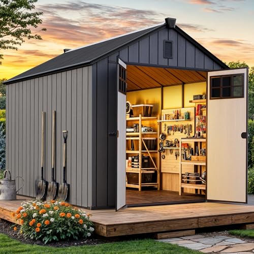 YITAHOME 8x6.2FT Outdoor Storage Shed w/o Floor, All-Weather Plastic Shed with Lockable Doors, Window & Vents, Plastic Tool Shed for Backyard, Patio, Poolside, Lawn, Gray