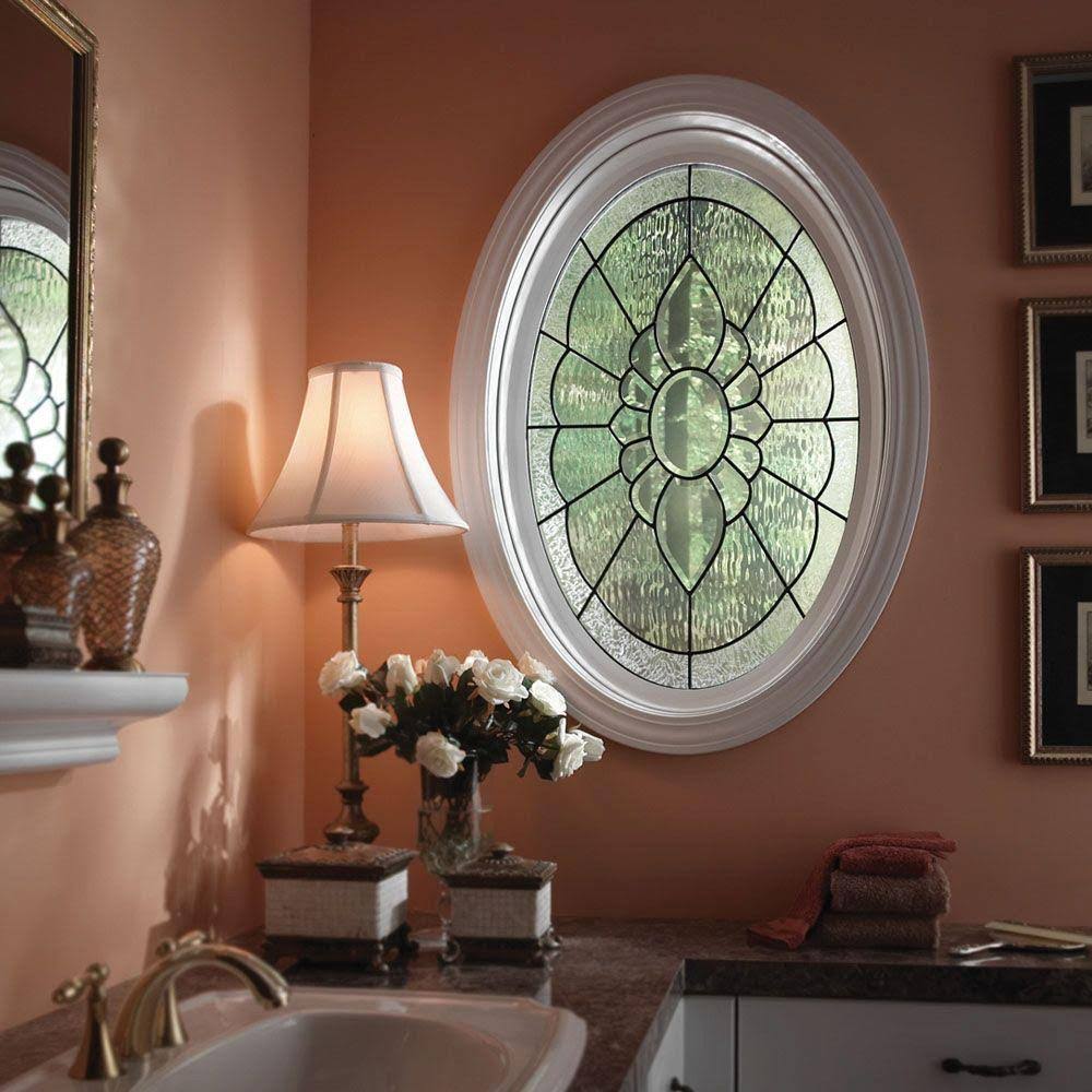 Hy-Lite 23.25 in. x 35.25 in. Decorative Glass Fixed Oval Geometric Vinyl Windows Floral PE Glass, Black Caming in White