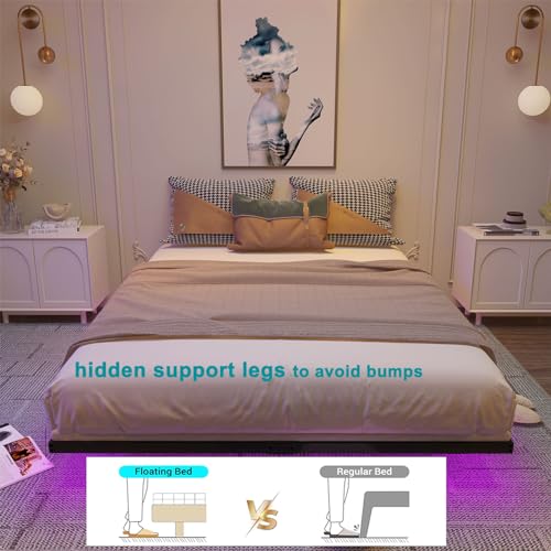 Floating Bed Frame Queen Size with LED Lights, Metal Platform Bed Frame, No Box Spring Needed, Easy Assembly, (Queen)