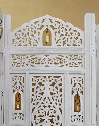 Room Divider Wood Screen - Ghanti Bells Antique Brown - 4 Panel Folding 72 x 80 - Assembled Hand Carved Decorative Functional Versatile Portable Partition Reversible Privacy Boho - COTTON CRAFT