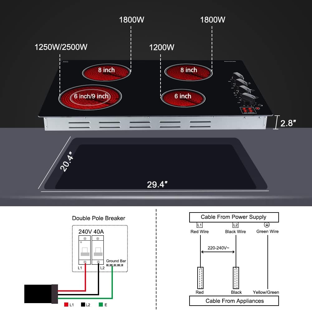 Electric Cooktop, thermomate 30 Inch Built-in Radiant Electric Stove Top, 240V Ceramic Electric Stove with 4 Burners, ETL Certified