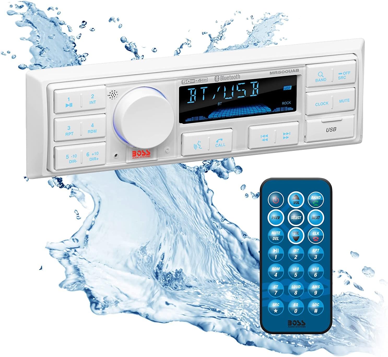 BOSS Audio Systems MR500UAB Marine Stereo & Four Speakers Boat Audio Bundle. IPX 6 Weatherproof Head Unit w/ Bluetooth, USB Input, AM/FM Radio, Aux, Play Music or Streaming Audio Apps from Your Phone