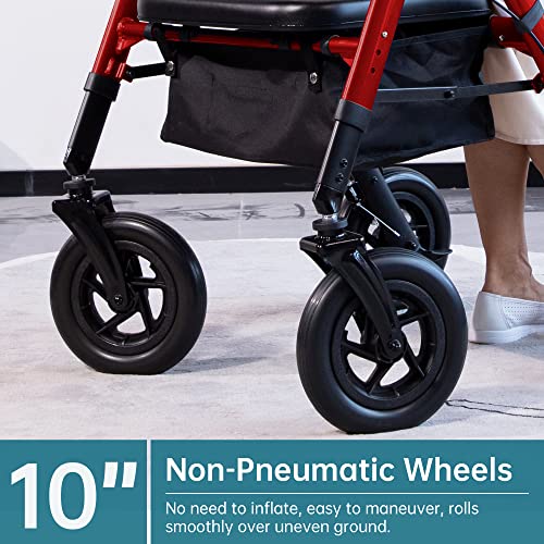 ELENKER Heavy Duty All-Terrain Rollator Walker with Extra Wide Padded Seat and Backrest, Bariatric Rolling Walker, 10" Non-Pneumatic Wheels, Supports up to 500lbs for Seniors, Red