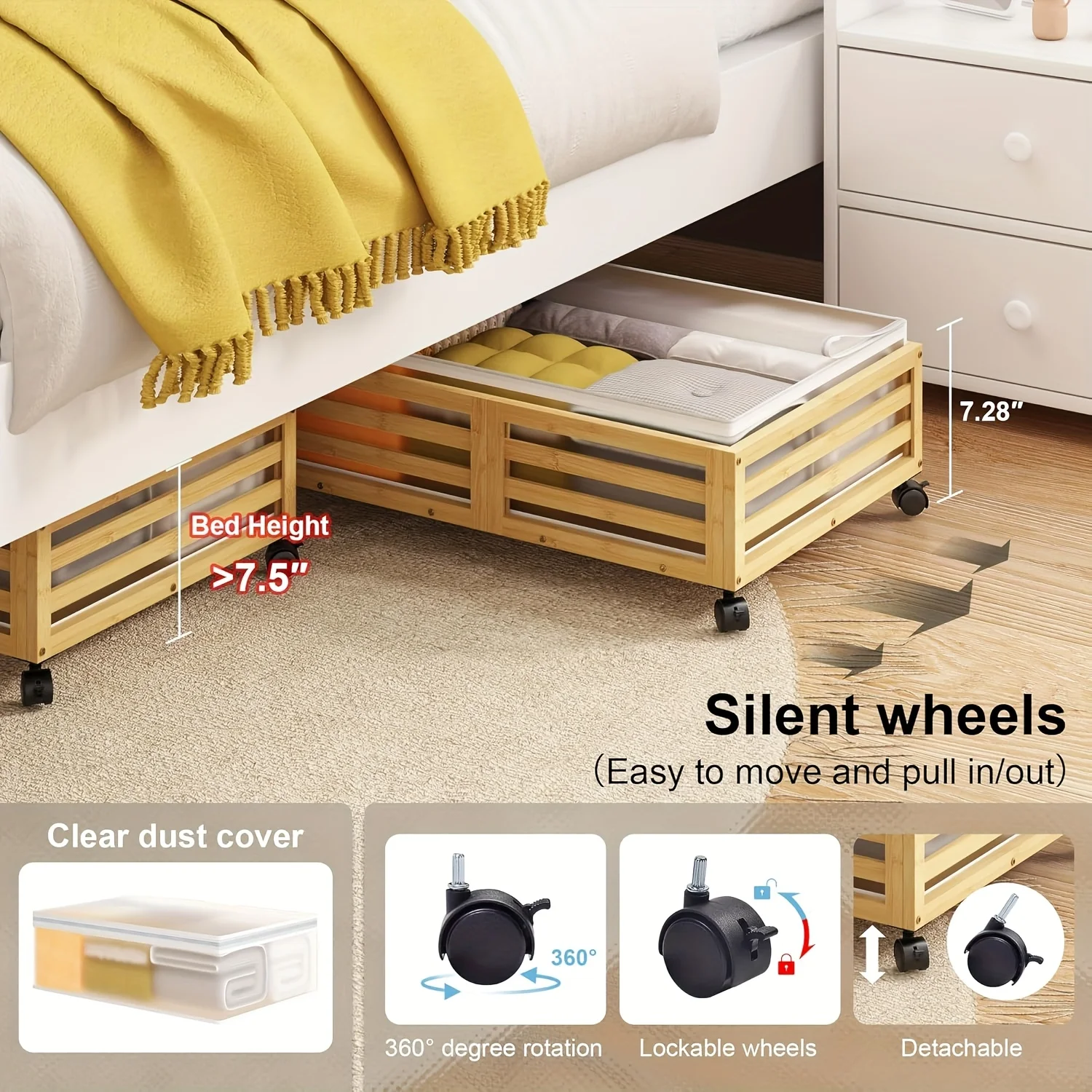 2-Pack Bamboo Under-Bed Storage Bins with Wheels, Large Capacity Rolling Organizers for Clothes &amp; Shoes, Natural Finish Space-Saving Design, No Assembly Required
