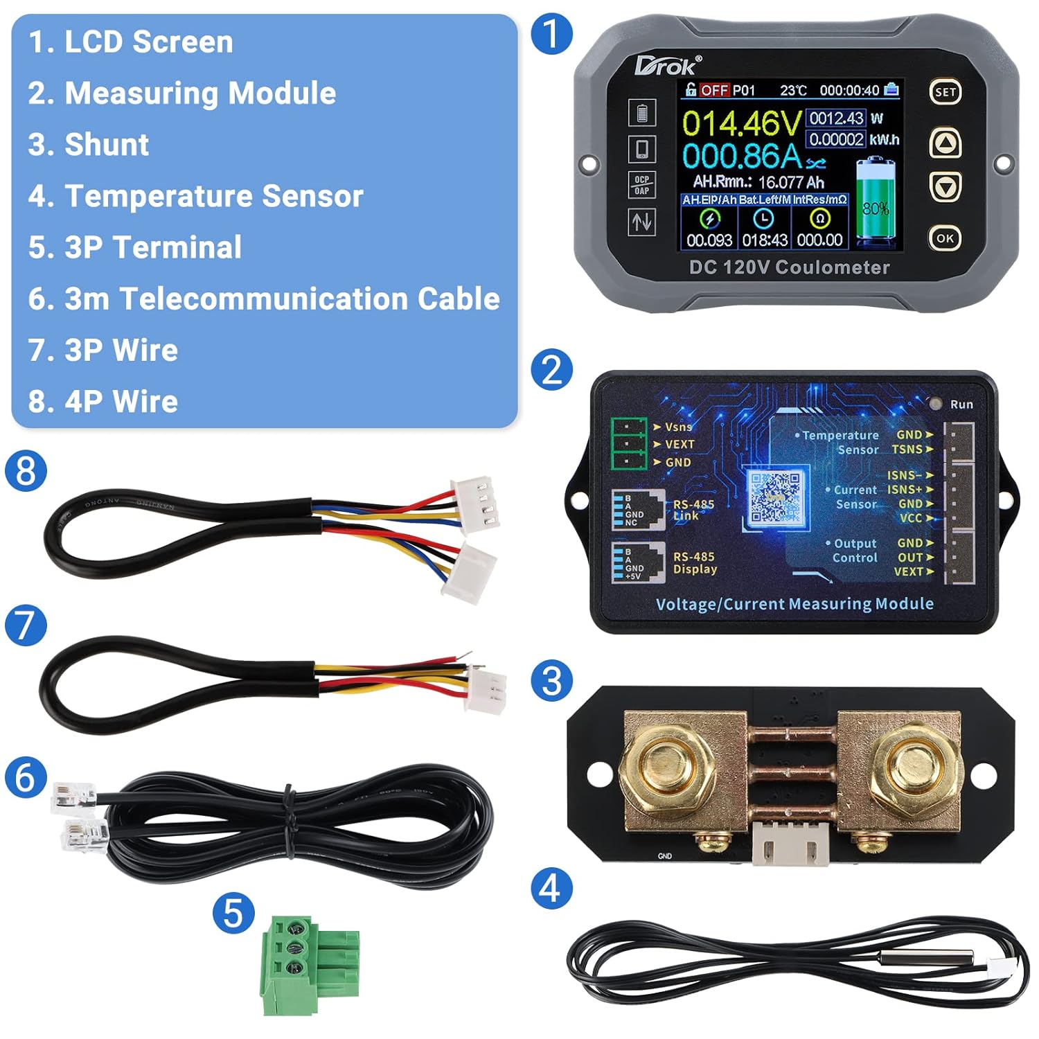 Charge-Discharge Multi Meter, DROK 0-120V 100A DC Voltmeter Coulometer, Mobile Phone APP Control LCD Battery Monitor Volt Amp Temp Power Capacity Timing Monitor for RV, Boat, E-Bike Pack of 2