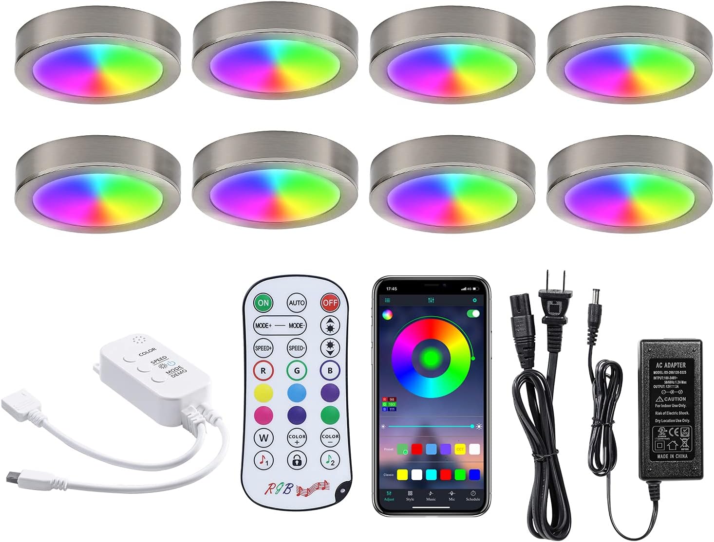 LED Dimmable Under Cabinet Lighting Kit,8 Pack App Controlled and Music Sync RGB Puck Lights with Remote,Hardwired Under Counter Lights with Multi Colors for Kitchen Shelf Cupboard Showcase