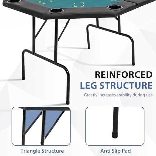 Poker Table Foldable with Double Top, 8 Player Octagonal Poker Table with Chips, Cup Holder, Casino Texas Holdem Table, Felt Blue