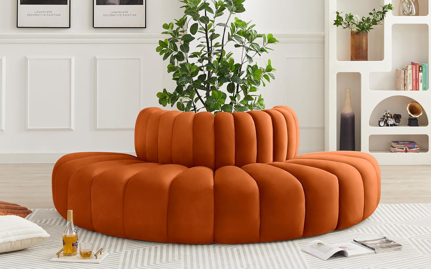Meridian Furniture Arc Collection Modern | Contemporary Sofa with Soft Velvet, Deep Channel Tufting, Modular Design, 90 W x 45 D x 30 H, Cognac