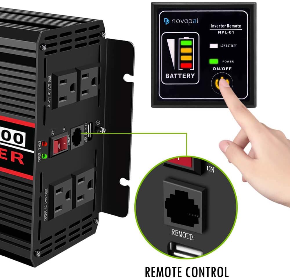 Novopal Power Inverter Pure Sine Wave-2000 Watt 24V DC to 110V/120V AC Converter- 4 AC Outlets Car Inverter with One USB Port-16.4 Feet Remote Control and Two Cooling Fans-Peak Power 4000 Watt