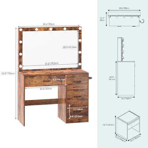 YITAHOME Vanity Desk with Mirror and Lights, Makeup Vanity Set with 11 Bulbs Light, Power Outlet, 4 Drawers and Vanity Stool