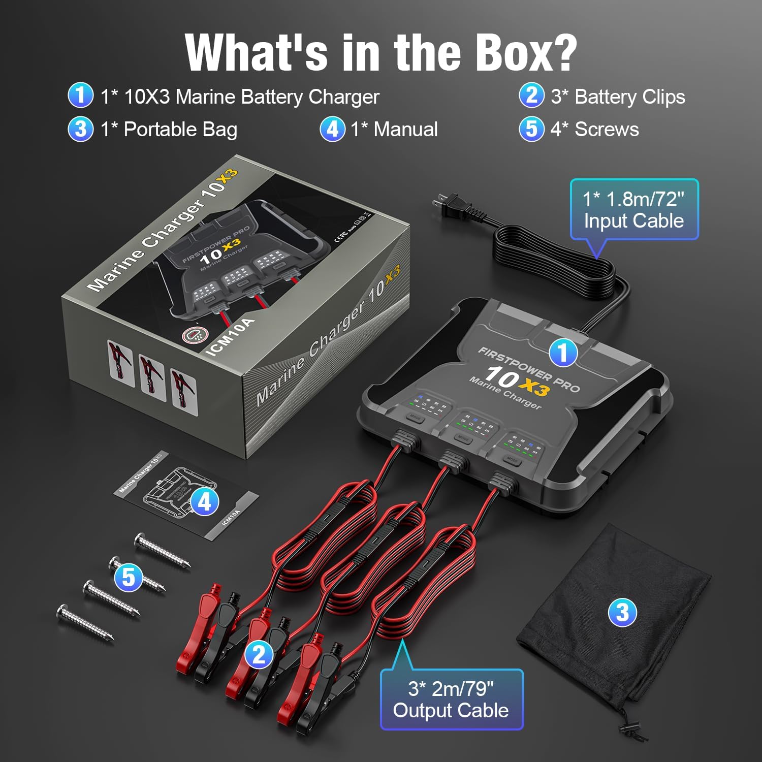 3 Bank Marine Battery Charger 10X3, 30A (10A/Bank) - 12V Waterproof Onboard Battery Charger, Battery Maintainer & Desulfator for SLA/AGM, Lithium (LiFePO4), Calcium & Deep-Cycle Battery - Charged 24/7