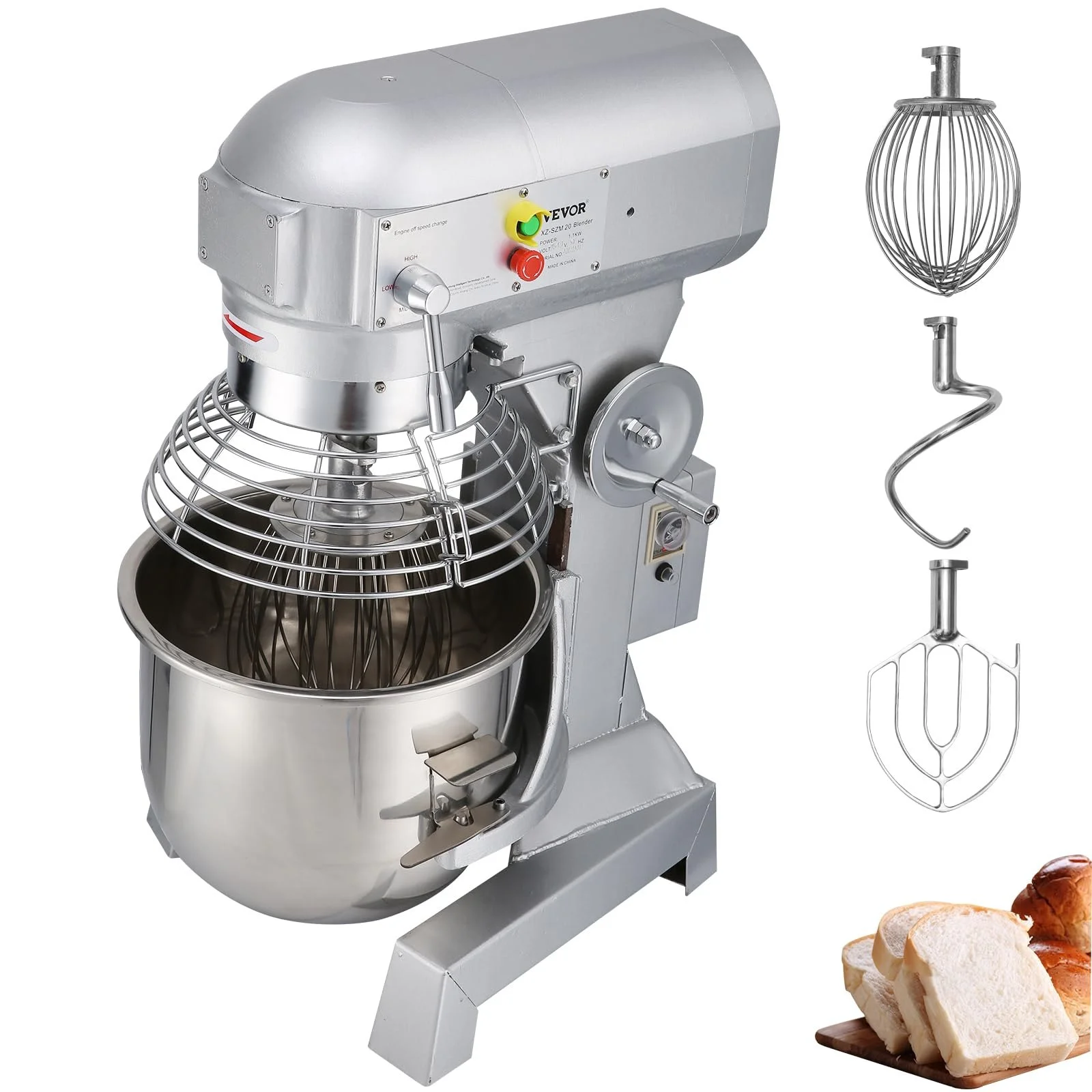 VEVOR Commercial Food Mixer, 15Qt 600W, 3 Speeds Adjustable, Heavy Duty 110V, Stainless Steel Bowl Dough Hooks Whisk Beater