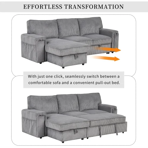 EUROCO 96.1" L-Shape Convertible Sleeper Sectional Sofa with Pull-Out Bed ,Storage Chaise and 2 Cup Holders, Corduroy Upholstered Reversible Corner 3 Person Couch, for Living Room, Apartment,Gray