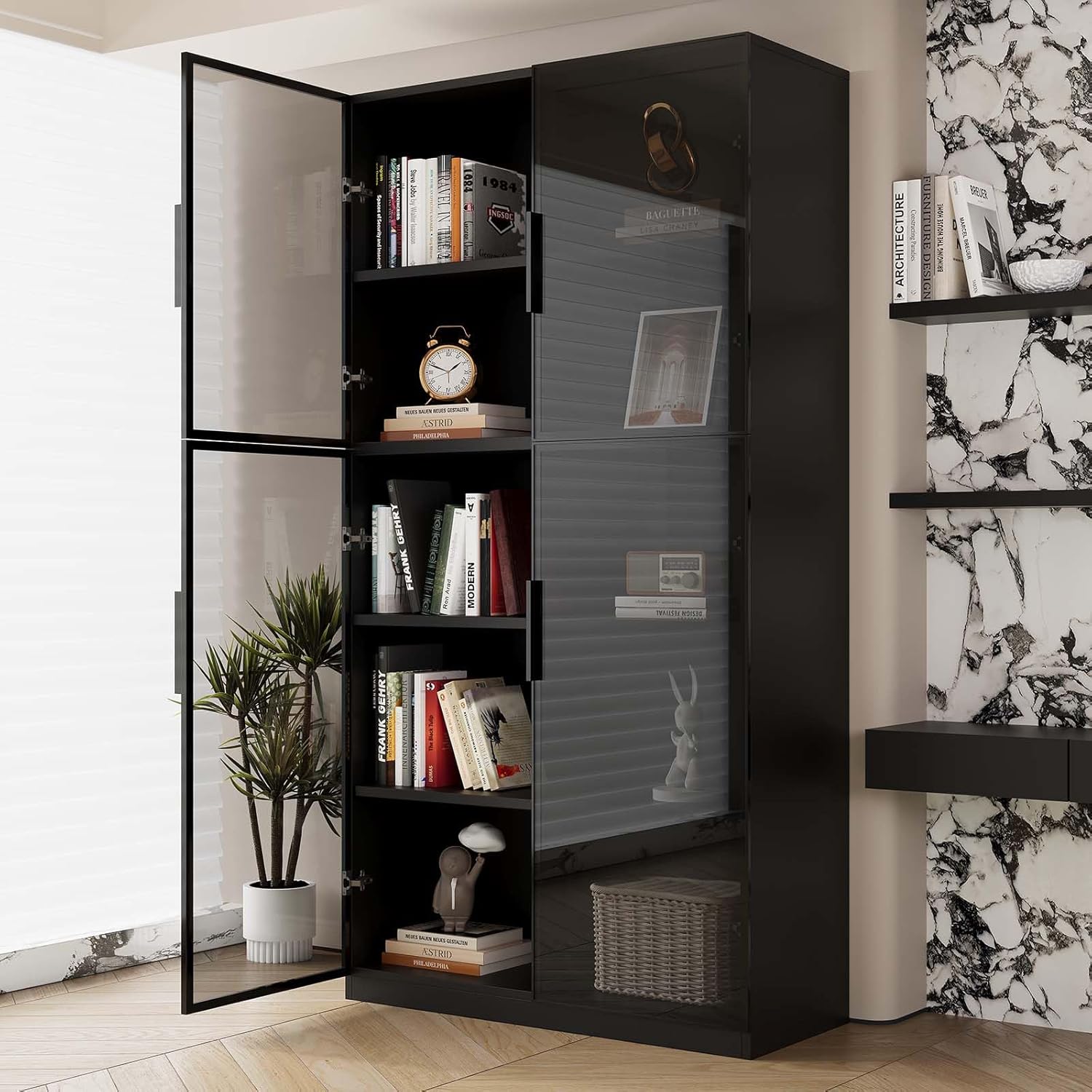 Display cabinet with LDE light and Glass Doors, Bookcase Bookshelf, Wooden Display Cabinet for Home Office, Living Room, and Dining Room - Black (31.5 "W x 16.5 "D x 78.7 "H)