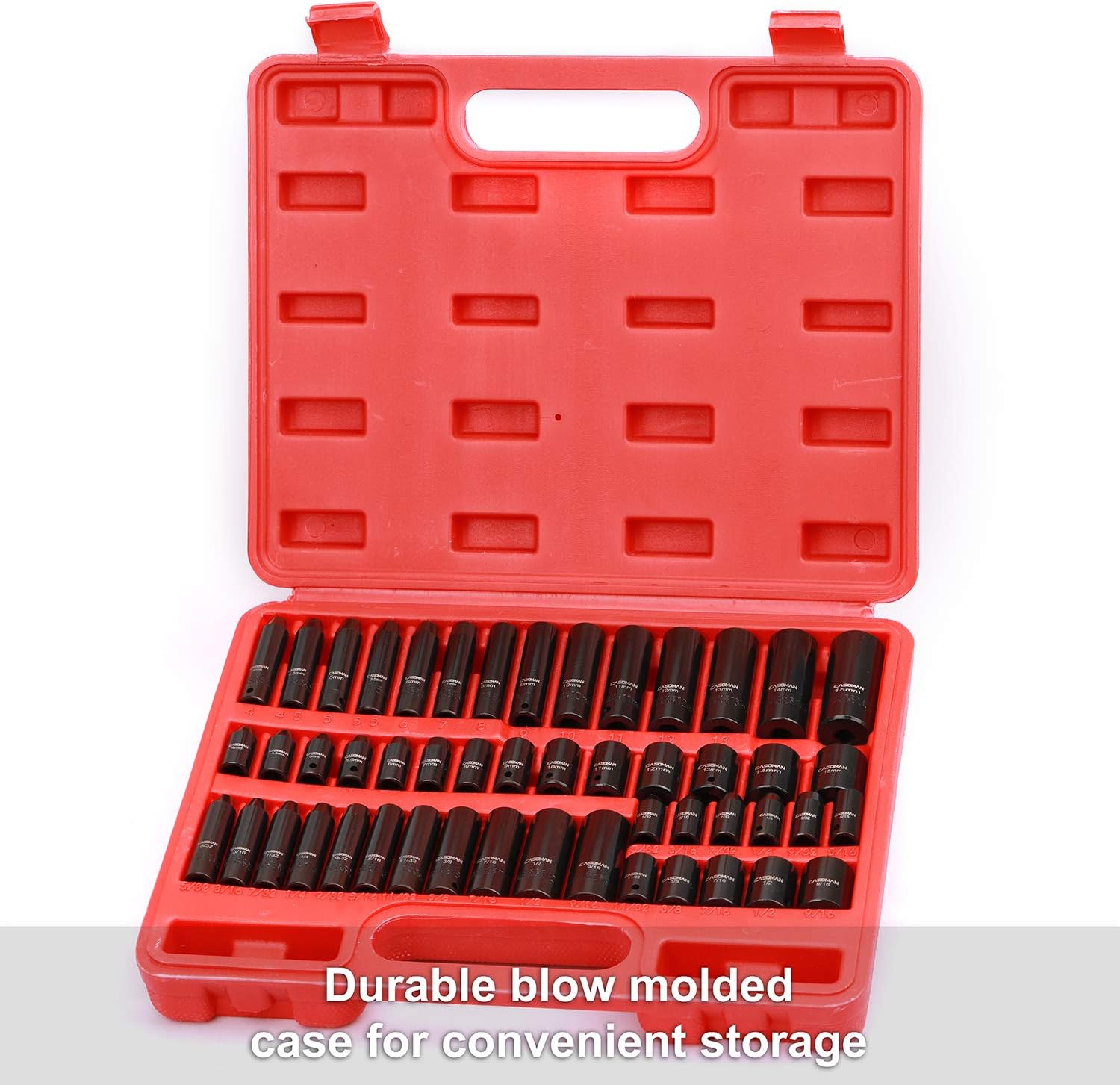 CASOMAN 1/4 Inch Drive Master Impact Socket Set, 50-Piece, 6-Point, SAE/Metric, 5/32 Inch - 9/16 Inch, 4mm - 15mm, Standard/Deep,CR-V