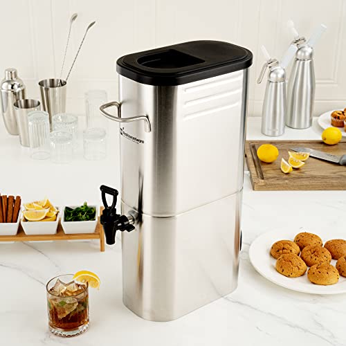 Restaurantware Bev Tek 3 Gallon Iced Tea Dispenser 1 Slim Design Iced Tea Server - No-Drip Spigot Cold & Hot Drink Friendly Silver 13/0 Stainless Steel Iced Beverage Dispenser With Handles