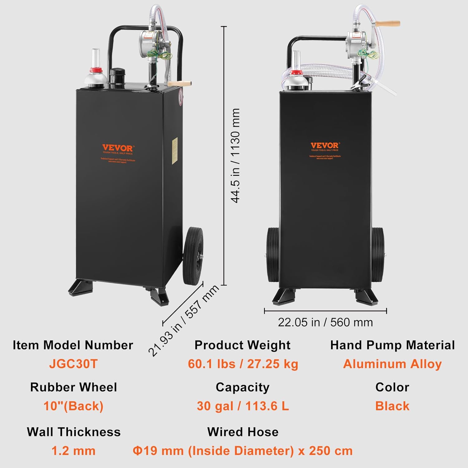 VEVOR Fuel Caddy 30 Gallon, Fuel Storage Tank with Wheels, Portable Gas Caddy with Manual Transfer Pump, Gasoline Diesel Fuel Container for Cars, Lawn Mowers, ATVs, Boats & More, Black