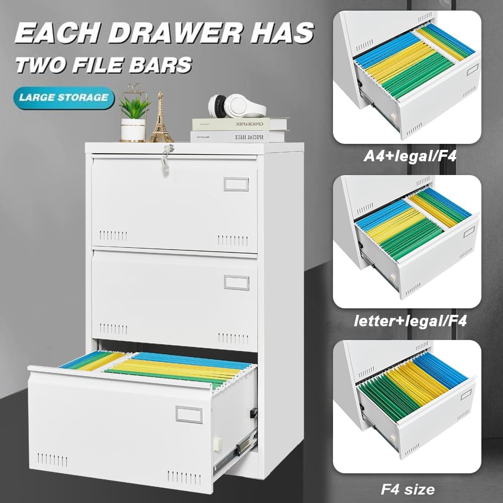 File Cabinet,Locking 3-Drawer Metal Lateral File Cabinet for Home Office, Legal/Letter/A4 Size Files, Assembly Required (3 Drawers, White)