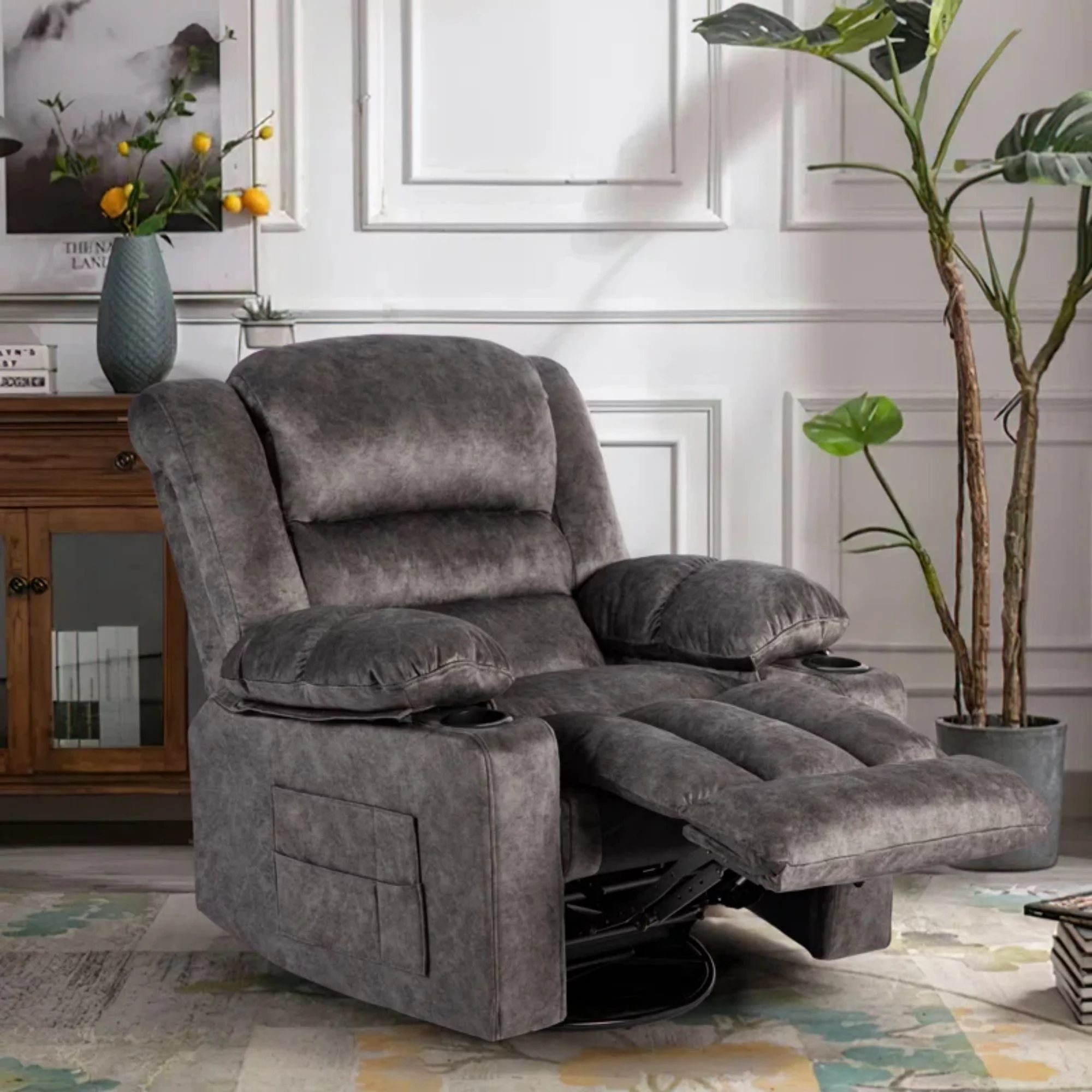 Colerline 36.61" Wide Super Soft and Oversize Modern Designed Velvet Upholstered Heating & Massage Swivel Reclining Chair with Cupholders for Living Room, Bedroom, Gray