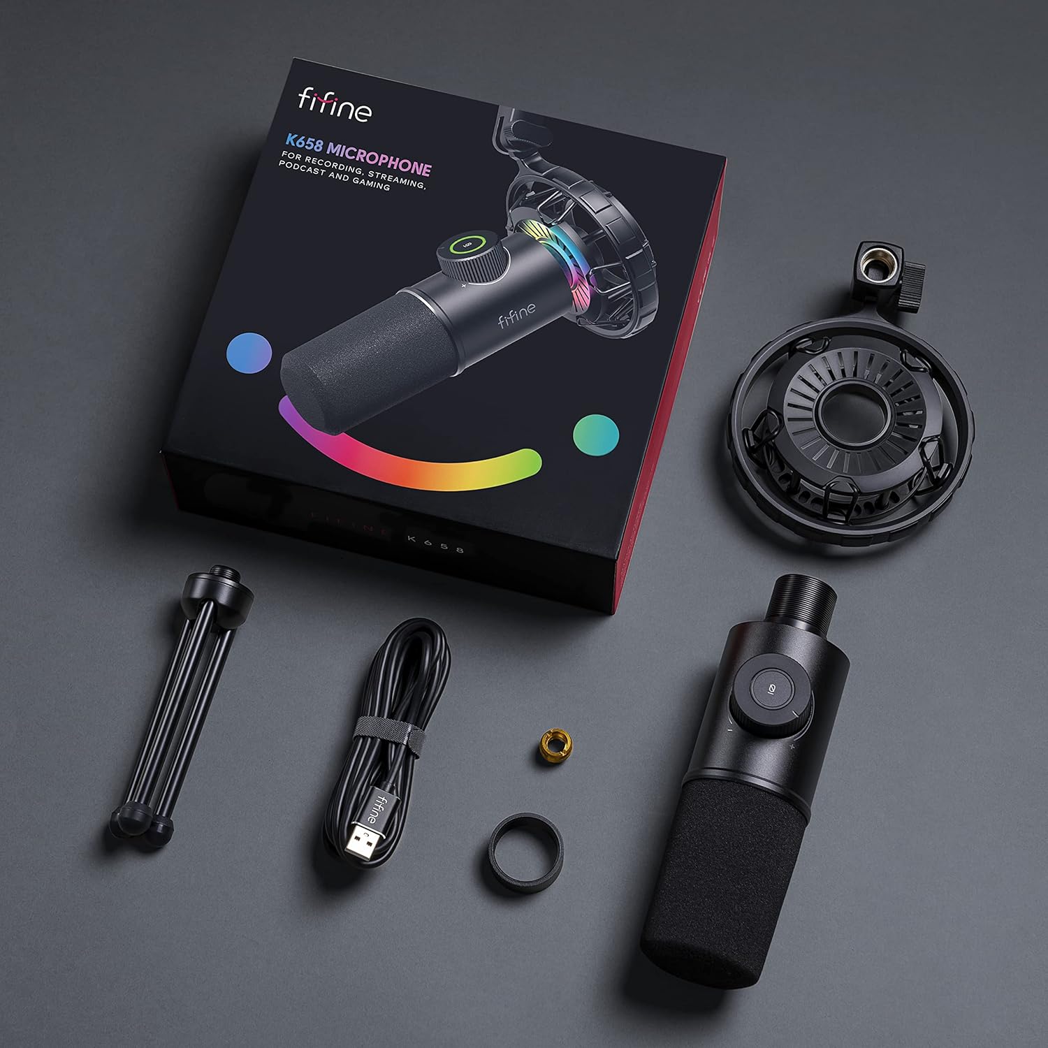 USB Gaming Microphone, FIFINE RGB Dynamic Mic for PC, with Tap-to-Mute Button, Plug & Play Cardioid Mic with Headphone Jack for Streaming, Podcast, Twitch, YouTube, Discord- K658