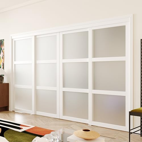 Double Sliding Closet Door, 96" × 80"(Double 48" × 80"), Double Frosted 5 Panel Glass Sliding Door, Hardware Include, Pre-Drilled Door Panel Need to Assemble, MDF, White
