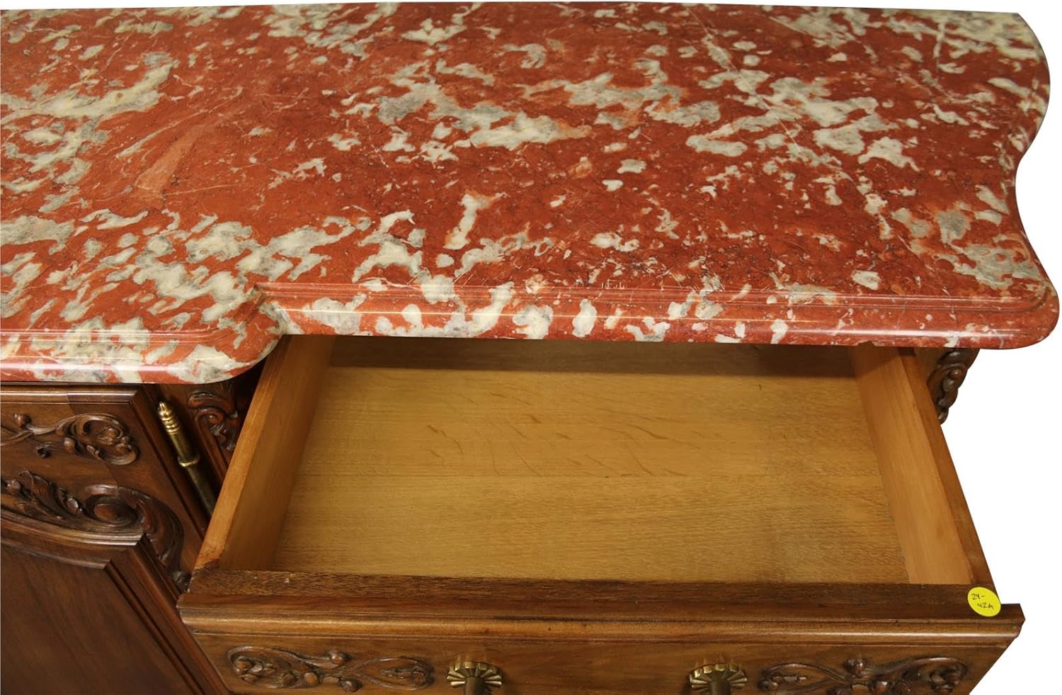 Sideboard Louis XV French Rococo 1920 Carved Walnut Shell, Red Pink Marble Top