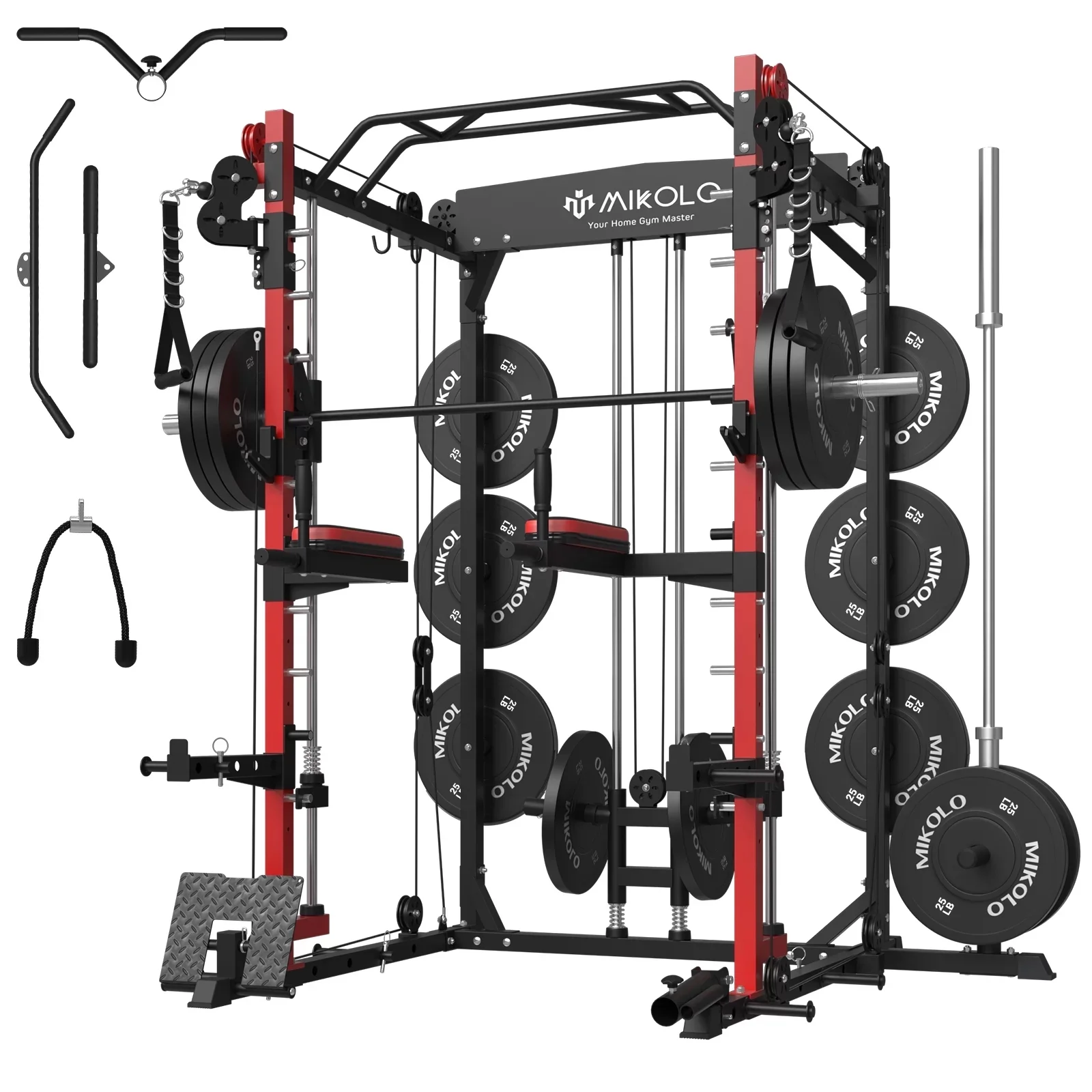 Mikolo Smith Machine, 2000 lbs Weight Rack with Cable Crossover Machine,Multi-Function Squat Rack with J Hooks,Dip Bars and Landmine for Home Gym (Red) - Curated Treasures Market
