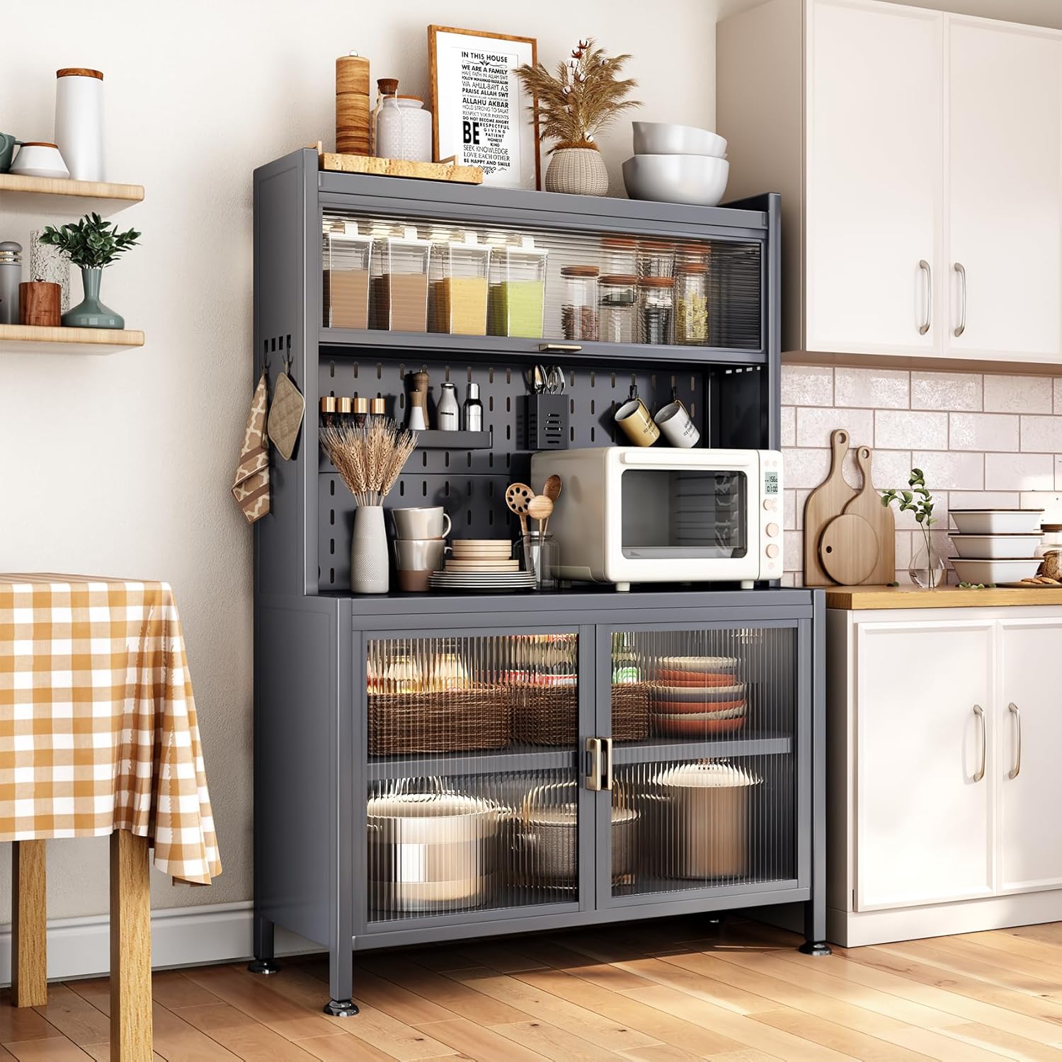 5-Tier Bakers Rack for Kitchen, Microwave Stand Cart with Cabinet, Multifunctional Storage Cabinet Rack, Grey