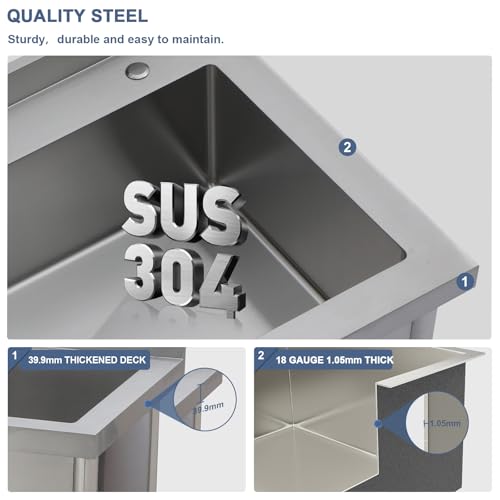 Lordear Stainless Steel Utility Sink 24 Inch - 24"x21" Freestanding Stainless Steel Kitchen Sink Single Bowl Commercial and Residential Use for Laundry Room Garage Outdoor and Kitchen
