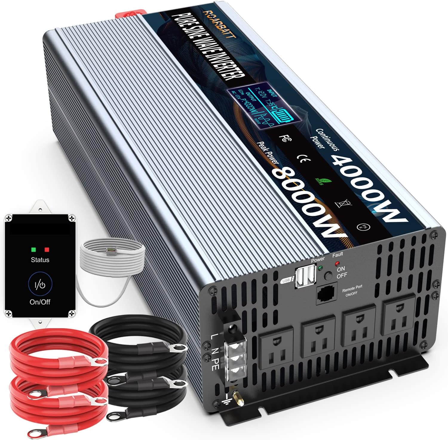 Pure Sine Wave Power Inverters 4000Watt 12V DC to AC 110V 120V Peak Power 8000Watt with Remote Control 4 AC Outlets and Dual USB Port for CPAP RV Car Solar System Emergency