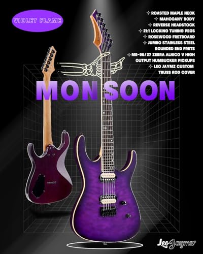 Leo Jaymz Electric Guitar Monsoon Series,Reverse Headstock,Mahogany Body,Roasted Maple Neck,Rosewood Fretboard,Locking Tuners,Rounded End Frets,AlnicoV Pickups,Fixed Bridge (Blue Flame)