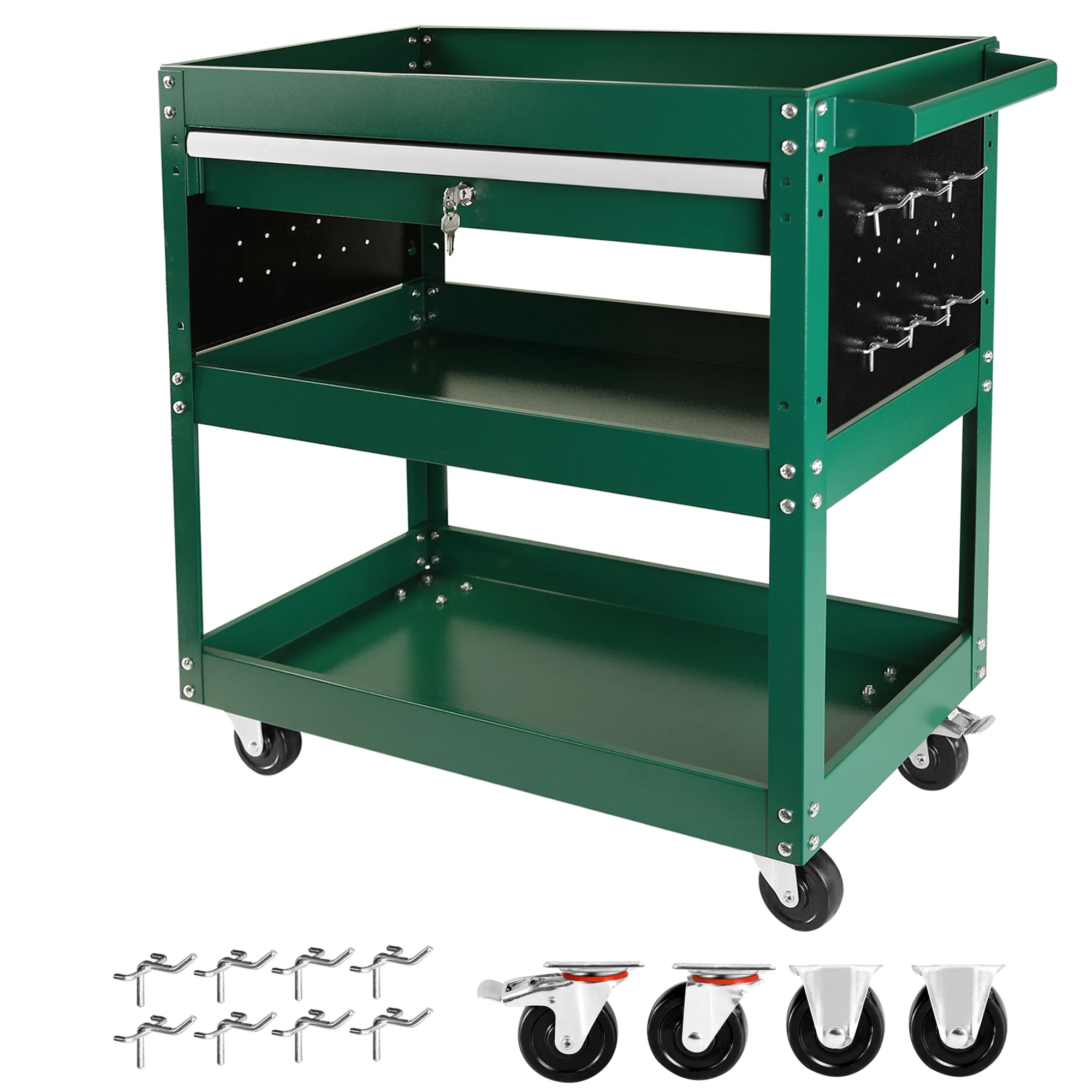 Rolling Tool Cart with Drawer, Seizeen Heavy Duty Utility Cart on Wheels, Garage Workshop Tool Organizer, 3 Tray, 1 Lockable Drawer, 6 Side Hooks