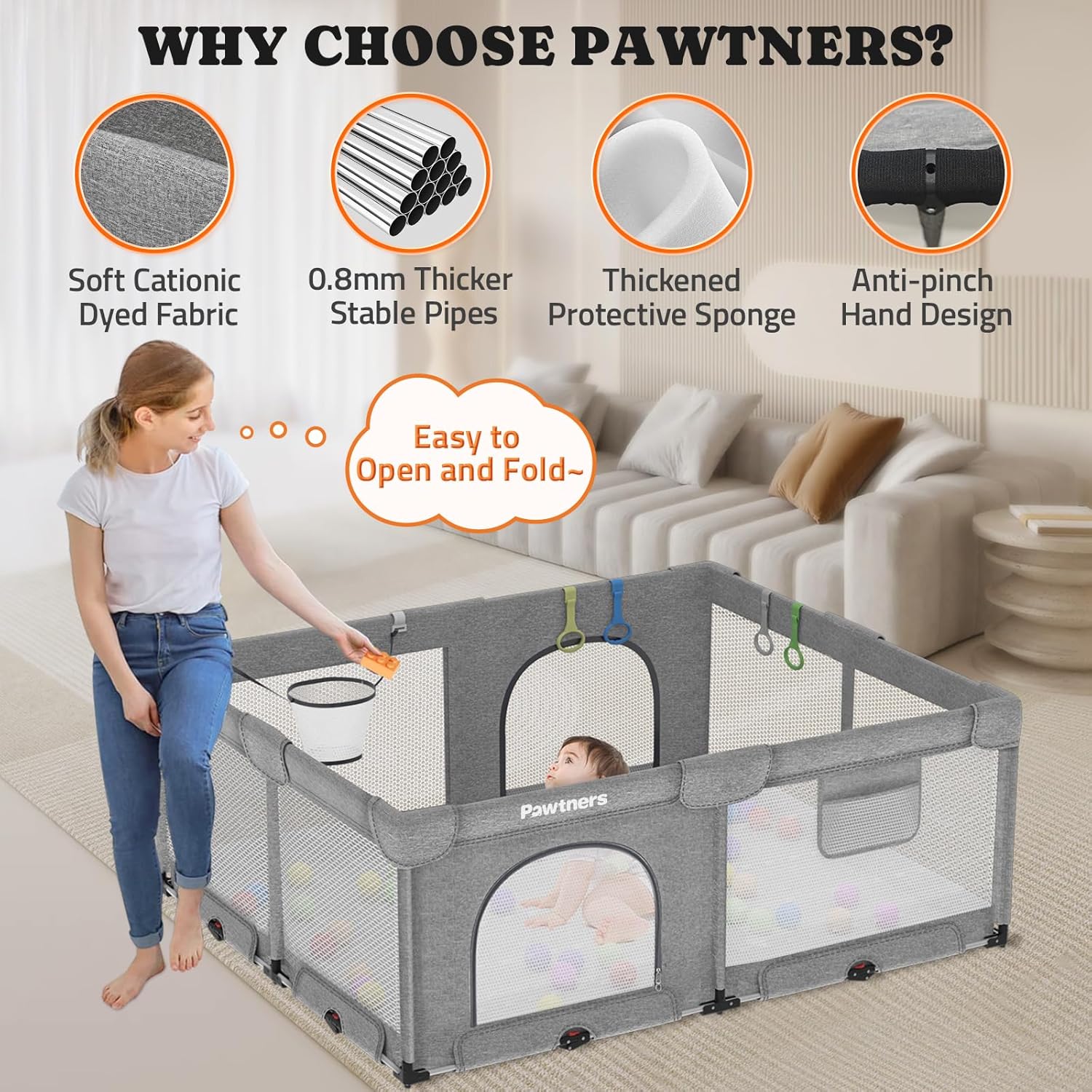 Foldable Playpen for Babies and Toddlers: 71"L x 59"W x 27"H, Large Kids Playpen, Portable Baby Play Yard for Indoor and Outdoor Play Area, Baby Gate Playpen with 50PCS Ocean Ball, 4 Handles, 1 Basket
