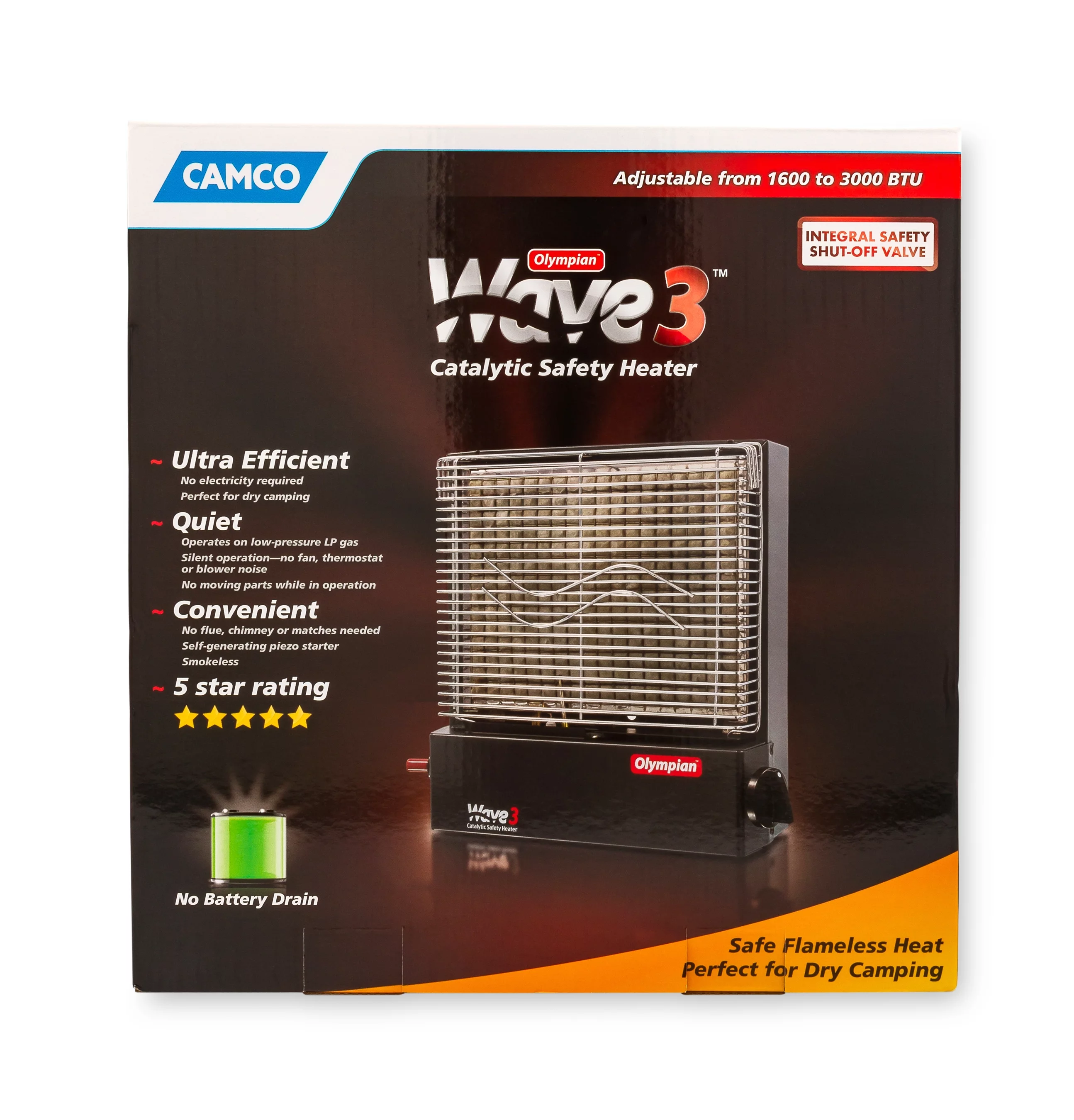 Camco Olympian RV Wave-3 LP Gas Catalytic Safety Heater, Adjustable 1600 to 3000 BTU, Warms 130 Square Feet of Space, Portable and Wall Mountable